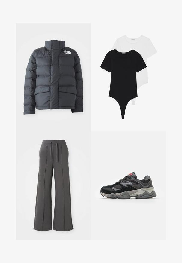 Bubová bunda z čierneho nylónu s vysokým golierom, predným zipsom a dvoma veľkými chlopňovými vreckami. Obsahuje horizontálny prešívaný vzor pre izoláciu.; Čierno-biele body s krátkymi rukávmi, okrúhlymi výstrihmi a stringovými spodkami, vyrobené z hladkej, elastickej látky.; Tmavošedé široké tepláky so prednými švami, elastickým pásom, šnúrkami, bočnými vreckami a zipsami na lemoch na bielom pozadí.; Čierne a šedé tenisky s kombináciou semišu a sieťoviny, hrubou podrážkou, výrazným logom a červeným akcentom na jazyku.