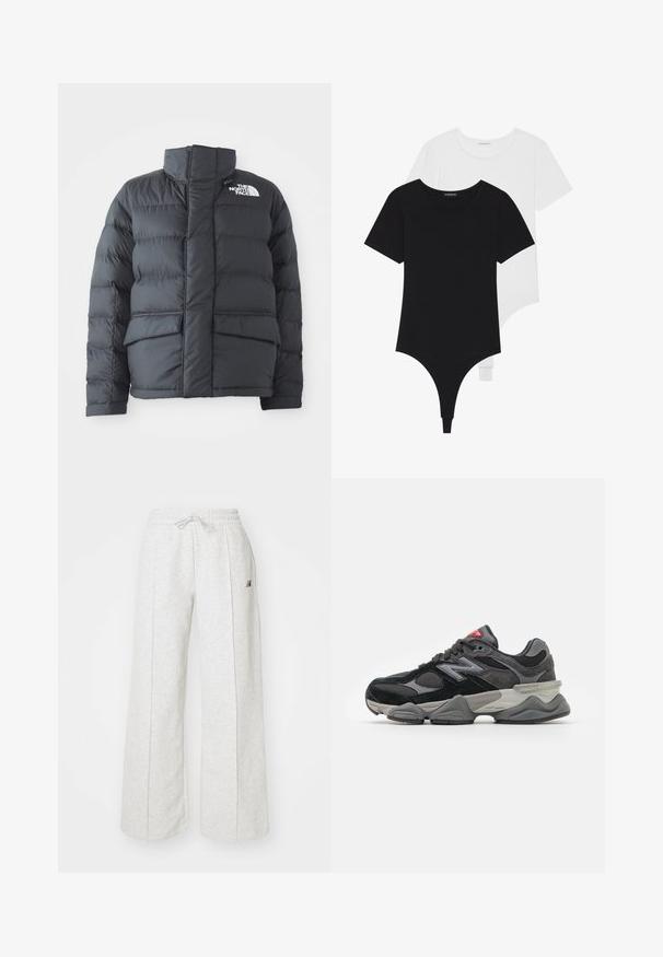 Zwarte pufferjack met een hoge kraag, gequilt ontwerp, ritssluiting aan de voorkant en twee voorzakken. Bevat een wit logo op de linkerborst.; Zwart-witte korte mouwen bodysuits met ronde halzen en stringonderdelen, gemaakt van glad, rekbaar stof.; Lichtgrijze wijde sweatpants van zacht materiaal. Voorzien van een trekkoord in de taille en een subtiele logo-opdruk aan de zijkant.; Zwarte en grijze sneaker met een mix van suede en mesh materialen, dikke zool, opvallend logo en een rode accent op de tong.