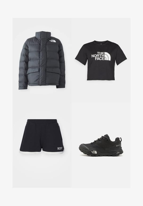 Black puffer jacket with a high collar, quilted design, zip front, and two front pockets. Features a white logo on the left chest.; Black cropped t-shirt made of cotton, featuring a white logo with curved accents and text "THE NORTH FACE" on the front. Short sleeves, crew neck.; Black shorts with a white hem. Made of soft fabric, featuring an elastic waistband and a "ROXY" logo on the lower side.; Black hiking shoe with a textured upper, lace closure, and a chunky rubber sole featuring a prominent logo on the side and tread patterns.