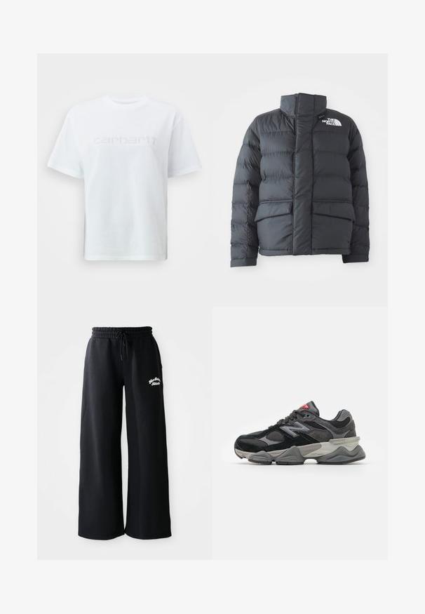 Puffer jacket in black nylon with a high collar, front zipper, and two large flap pockets. Features horizontal quilted pattern for insulation.; White cotton t-shirt with a crew neckline and short sleeves, featuring a light gray "carhartt" text logo across the chest.; Black wide-leg sweatpants with a drawstring waist. Features embroidered text on the left side, made from soft cotton blend material.; Black and gray sneaker with a mix of suede and mesh materials, thick sole, prominent logo, and red accent on the tongue.