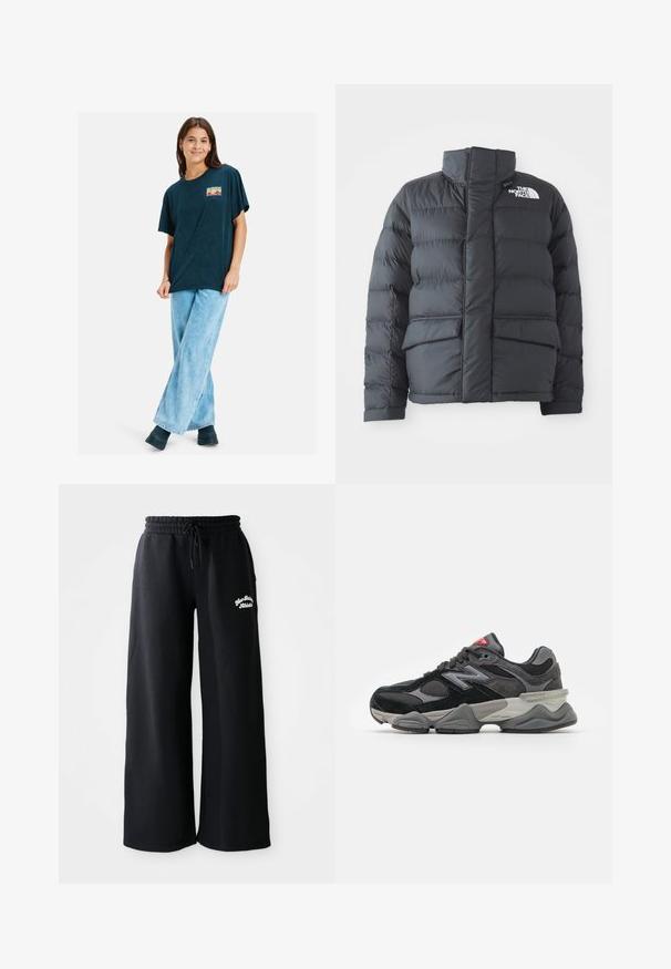 Juodas pūkinis džemperis su aukštu apykakle, siuvinėtu dizainu, užtrauktuku priekyje ir dviem priekinėmis kišenėmis. Ant kairiojo krūtinės yra baltas logotipas.; Tamsiai mėlyna didelio dydžio marškinėliai trumpomis rankovėmis, su spalvingu grafiniu atvaizdu ant krūtinės. Dėvima su šviesiai mėlynomis plačiomis kelnėmis ir juodais batais.; Juodi plačiakulkai sportiniai kelnių su raišteliu juosmenyje. Kairėje pusėje yra siuvinėtas tekstas, pagaminti iš minkštos medvilnės mišinio medžiagos.; Juodos ir pilkos sportbačiai su zomšos ir tinklelio medžiagų mišiniu, storu padu, išsiskiriančiu logotipu ir raudona akcentu ant liežuvėlio.