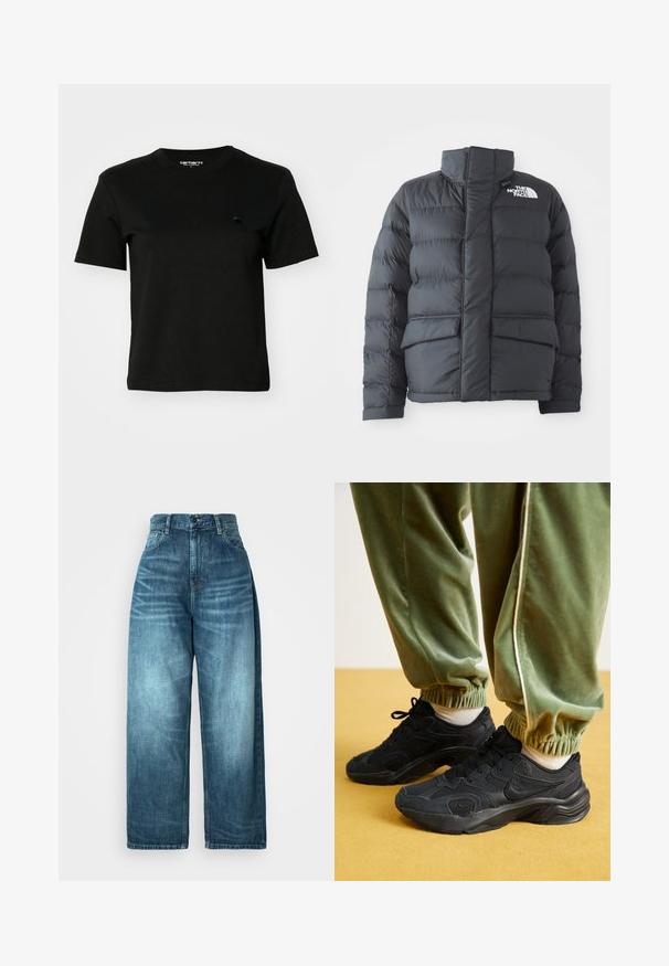 Pufasta jakna iz črnega najlona z visokim ovratnikom, sprednjim zadrgo in dvema velikima žepoma s poklopcem. Ima horizontalni šivani vzorec za izolacijo.; Črna majica iz bombaža. Kratki rokavi in krožna izreza. Ima majhen, temen logo na levem prsnem predelu. Preprost, klasičen dizajn.; Moške hlače z visokim pasom in širokimi nogavicami, v srednje modrem denimu, z bledenjem, tradicionalnim oblikovanjem žepov in zapiranjem na gumb.; Črne športne teniske z mrežasto in sintetično prevleko, z teksturiranim podplatom, v kombinaciji z zelenimi trenirkami z elastičnimi manšetami, na rumeni površini.