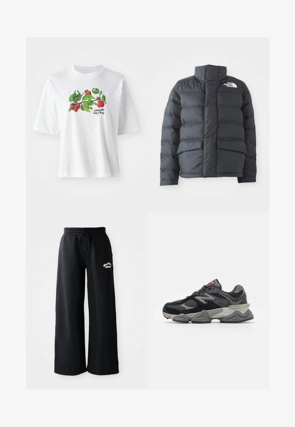 Bunda typu puffer z černého nylonu s vysokým límcem, předním zipem a dvěma velkými klopovými kapsami. Obsahuje horizontální prošívání pro zateplení.; Bílé bavlněné tričko s krátkým rukávem, uprostřed zdobené barevným vzorem ovoce a listů. Nápis zní "Carhartt WIP Cream of the crop."; Černé široké tepláky s elastickým pasem na šňůrku. Na levé straně jsou vyšívané texty, vyrobené z měkké bavlněné směsi.; Černé a šedé sneakersy se směsí semišových a síťovaných materiálů, silnou podrážkou, výrazným logem a červeným akcentem na jazyku.
