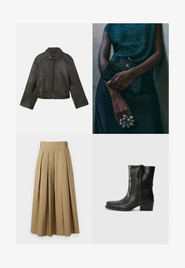 Mustapohjainen lyhyt nahkatakki, jossa on kaulus, vetoketjusulku, kaksi vetoketjullista taskua ja vyö vyötäröllä, jossa on säädettävät napit ja ompeluyksityiskohtia.; Valkoinen ribbikuvioinen neuletakki pitkillä hihoilla, syvällä V-päärmeellä ja kuudella nappikiinnityksellä edessä. Pehmeä rakenne ja istuva malli.; Harmaa ribbattu tankkitoppi, jossa on istuva muotoilu, leveät käsi aukot ja pyöreä kaula-aukko. Valmistettu pehmeästä puuvillakankaasta, jossa on sileä pinta.; Khaki hame hihk waistbandilla, tehty puuvillasta. Ominaisuuksiin kuuluu kelluva muotoilu ja helmajäljet, joissa on hienovaraiset ompeluyksityiskohdat.; Musta nahkasaapas nilkkamittaisella varrella, pyöreällä kärjellä, lohkarekorolla, sivuvetoketjulla ja ompeluaksentilla varren yläosassa. Suora pinta, klassinen muotoilu.; Musta krokotiilihäntäinen penaali, jossa on hopeiset yksityiskohdat, pidetään teksturoitua harmaata taustaa vasten. Pintamateriaali kiiltävä.