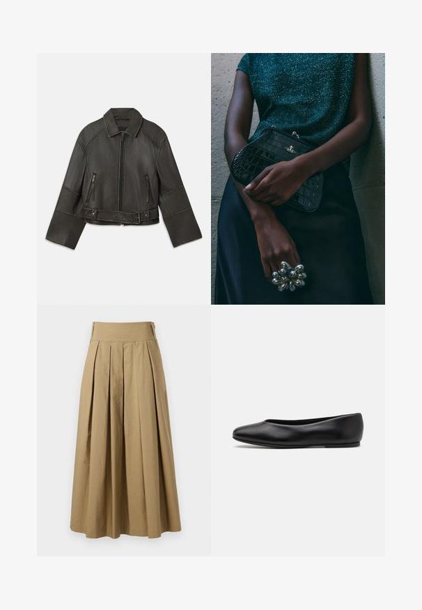 Czarna skórzana kurtka w stylu cropped z kołnierzem, zapięciem na zamek, dwiema kieszeniami zapinanymi na zamek oraz paskiem w talii z regulowanymi napami i detalami przeszycia.; Biała kardiganka prążkowana z długimi rękawami, głębokim dekoltem w kształcie V i sześcioma guzikami z przodu. Miękka tekstura i dopasowany krój.; Szary prążkowany T-shirt na ramiączkach o dopasowanym kroju, z szerokimi wycięciami na ramionach i okrągłym dekoltem. Wykonany z miękkiej bawełnianej tkaniny o gładkiej fakturze.; Khaki plisowana spódnica z wysoką talią, wykonana z bawełny. Charakteryzuje się zwiewnym fasonem i delikatnymi detalami przeszycia u dołu.; Paul Smith TOPANGA czarny; Czarna kopertówka w wzór krokodyla z srebrnymi akcentami, trzymana na szarym, teksturowanym tle. Posiada błyszczącą powierzchnię.