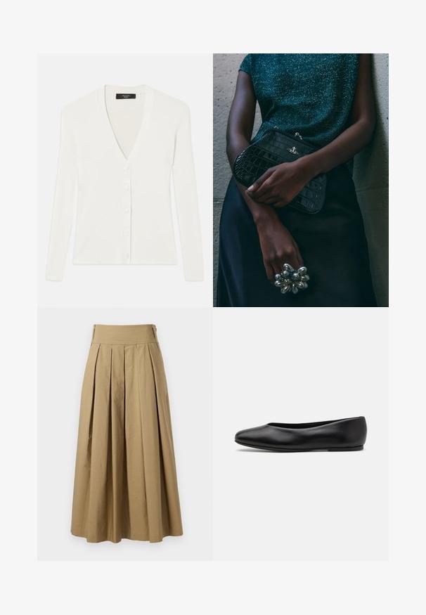 Schwarze, kurz geschnittene Lederjacke mit Kragen, Reißverschluss, zwei Reißverschlusstaschen und einem Gürtel in der Taille, der über verstellbare Druckknöpfe und Nähte verfügt.; Weißer gerippter Cardigan mit langen Ärmeln, tiefem V-Ausschnitt und sechs Knöpfen in der Front. Weicher Stoff und taillierte Passform.; Graues, geripptes Tanktop mit figurschmeichelndem Design, weiten Armausschnitten und runder Ausschnittlinie. Aus weichem Baumwollstoff mit glatter Textur gefertigt.; Khakifarbener, plissierter Rock mit hohem Taillenbund, aus Baumwolle gefertigt. Verfügt über ein schwingendes Design und der Saum ist mit feinen Nähten verziert.; Paul Smith TOPANGA - Klassischer Ballerina - black; Schwarze Clutch-Tasche im Kroko-Design mit silbernen Beschlägen, vor einem strukturierten grauen Hintergrund gehalten. Verfügt über eine glänzende Oberfläche.