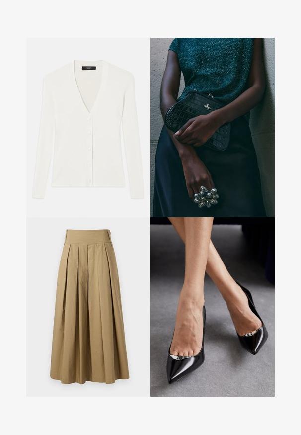 Černá zkrácená kožená bunda s límcem, zapínání na zip, dvě zipové kapsy a pásek v oblasti pasu s nastavitelnými zabsor a detaily šití.; Bílý žebrovaný svetr s dlouhými rukávy, hlubokým véčkovým výstřihem a šesti knoflíky po celé přední části. Měkká struktura a přiléhavý střih.; Šedý proužkovaný top bez rukávů s přiléhavým střihem, širokými průramky a zaobleným výstřihem. Vyrobeno z měkké bavlny s hladkou texturou.; Khaki plisovaná sukně s vysokým pasem, vyrobená z bavlny. Disponuje volným střihem a lem je zakončen jemným prošitím.; Černé kožené lodičky na vysokém podpatku s ostrou špičkou a otevřeným designem, které mají dekorační stříbrný akcent. Hladký povrch s lesklým finišem.; Černá kabelka ve tvaru psaníčka s krokodýlím vzorem a stříbrným kováním, držena proti texturovanému šedému pozadí. Vyznačuje se lesklým povrchem.