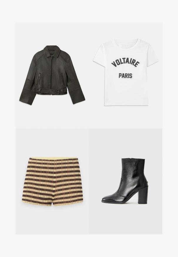 Melna īsā ādas jaka ar apkakli, rāvējslēdzēja aizdari, divām kabatām ar rāvējslēdzējiem un jostu vidukļa daļā ar regulējamiem snap slēdžiem un šuvju detaļām.; Balta kokvilnas T-krekls ar melnu grafiku, kurā rakstīts "VOLTAIRE" arku formā virs "PARIS". Īsās piedurknes un apaļa kakla izgriezuma forma.; beige adītas šortus ar brūniem un melniem svītrām; iekļauj ribotu tekstūru un elastīgu dzeltenu jostu.; Melnas ādas potīšu zābaki ar gludu tekstūru, smailu purngalu un masīlu augstu papēdi. Iekļauts sānu atvērums un minimālistisks dizains.