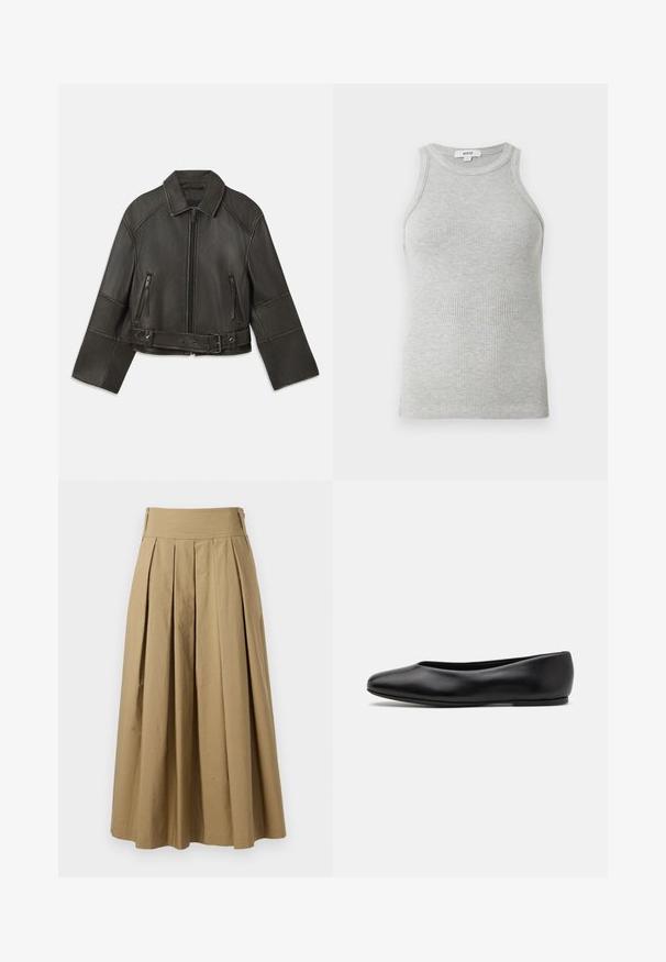 Zwarte leren cropped jack met een kraag, ritsluiting, twee ritszakken en een riem in de taille met verstelbare drukknopen en stikdetails.; Grijze geribde tanktop met een aansluitend ontwerp, brede armsgaten en een ronde hals. Gemaakt van zachte katoenen stof met een gladde textuur.; Khaki plissé rok met een hoge tailleband, gemaakt van katoen. Heeft een vloeiende uitstraling en de zoom is afgewerkt met subtiele stiksels.; Paul Smith TOPANGA - Ballerina's - black