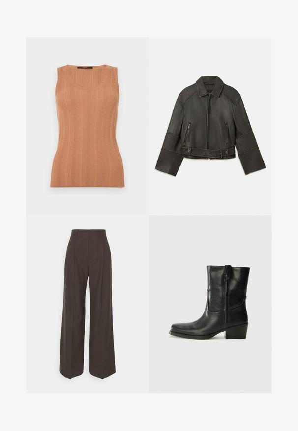 Black cropped leather jacket with a collar, zipper closure, two zippered pockets, and a belt at the waist featuring adjustable snaps and stitching details.; Weekend Max Mara CEYLON - Top - desert; Dark brown wide-leg trousers with a high waist, featuring neatly pressed creases, smooth texture, and a tailored fit.; Black leather ankle boot with a rounded toe, block heel, side zipper, and stitching accents on the vamp. Smooth texture, classic design.