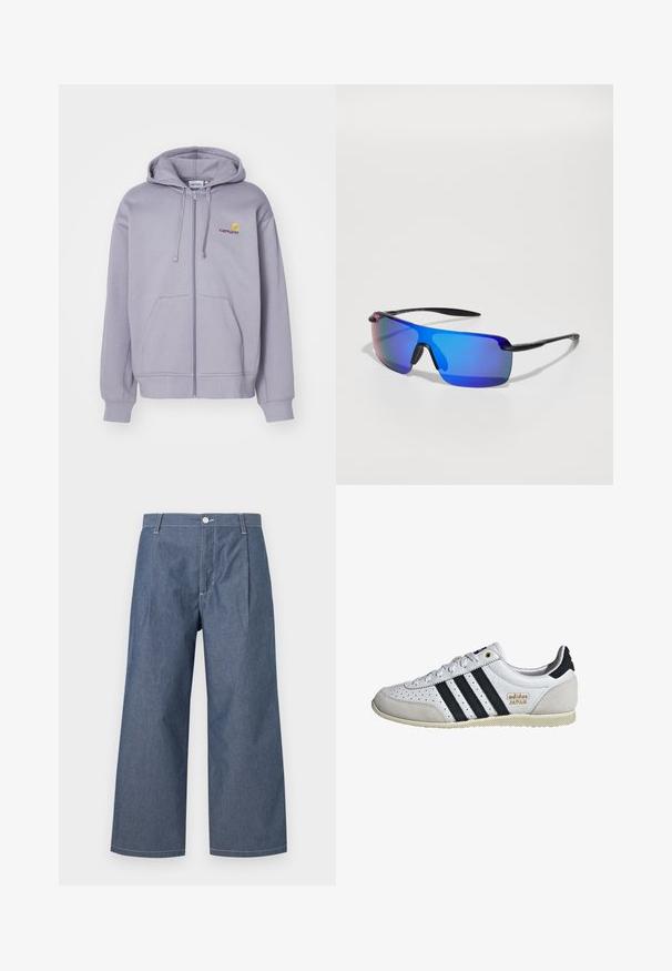 Veste en coton verte avec une fermeture éclair à l'avant, deux poches latérales et une poche sur la poitrine. Dotée d'un patch logo carré avec un accent jaune.; Hamac violet clair à zip en tissu doux, doté d'une poche avant, d'une capuche avec cordon de serrage et d'un logo brodé sur la poitrine.; T-shirt en coton blanc avec col rond, manches courtes et poche poitrine avec un écusson de logo. Design minimaliste et texture sans coutures.; Pantalons en denim léger de couleur bleu foncé, dotés d'une taille haute, de jambes larges, de plis avant et d'une fermeture à bouton.; Baskets blanches avec des rayures noires et une marque dorée. Composées de matériaux en daim et en cuir, avec une tige perforée et une semelle en caoutchouc texturé.; Lunettes de sport avec une monture noire, des verres miroités bleus, une forme angulaire et des coussinets en caoutchouc sur le nez pour une meilleure adhérence. Les verres présentent une teinte dégradée.