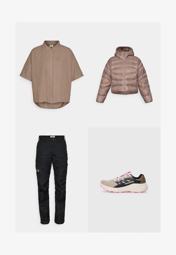 Kuttet, hettegenser pufferjakke i lys brun med quiltet design. Har glidelås foran og en glatt, blank stofftekstur.; Brun linneskjorte med kort erm, knappestolpe og en liten logo på venstre side. Buet havn nederst.; Sorte cargo bukser med flere lommer, knappelukking og en litt avsmalnet benform. Laget av slitesterkt materiale med en teksturert finish.; Beige og rosa Salomon løpesko med svart logo og designakenter, kremfarget mellomsåle og rosa yttersåle, sett fra siden på en ensfarget bakgrunn.