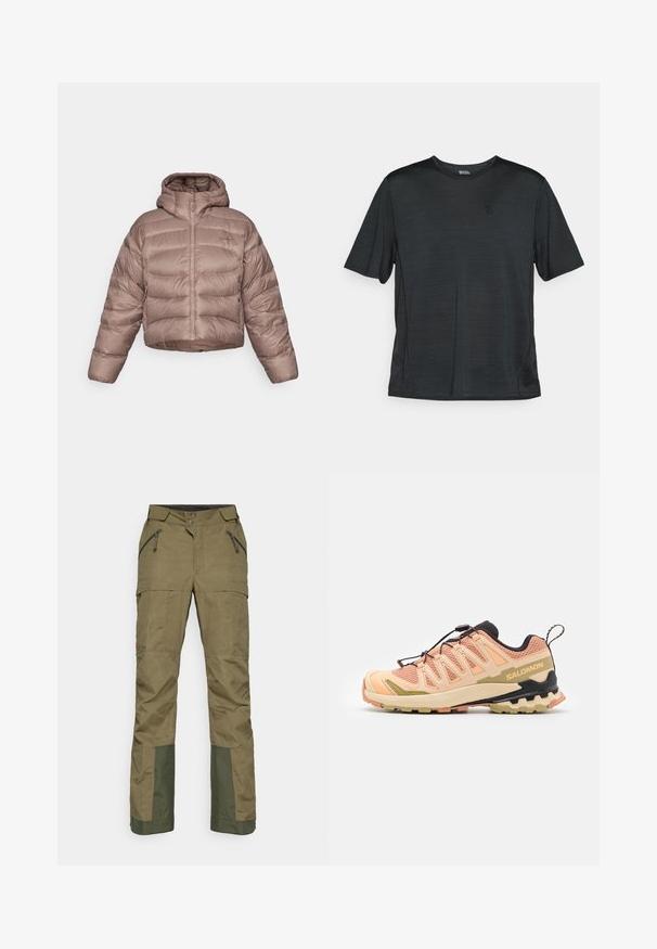 Trumpas, su kapuce pūkinis švarkas šviesiai rudos spalvos su siuvinėjimo raštu. Yra priekinis užtrauktukas ir lygus, blizgus audinio paviršius.; Juodas trumpas rankovėmis sportinis marškinėliai, pagaminti iš lengvo, drėgmės sugeriančio audinio. turi apvalų kaklą ir mažą logotipą krūtinės srityje.; Olivinės spalvos lauko kelnės su užtraukiamais kišenėmis, mygtukų uždarymu, tamsesnio žalio audinio sustiprinimai apatinėje kelnių dalyje, kad būtų užtikrintas patvarumas.; Salomon bėgimo bateliai trasai rožinės ir smėlio spalvų su tekstūruota tinklelio viršutine dalimi, lanksčiu padu, išskirtiniu kulno dizainu ir atspindinčiais akcentais.