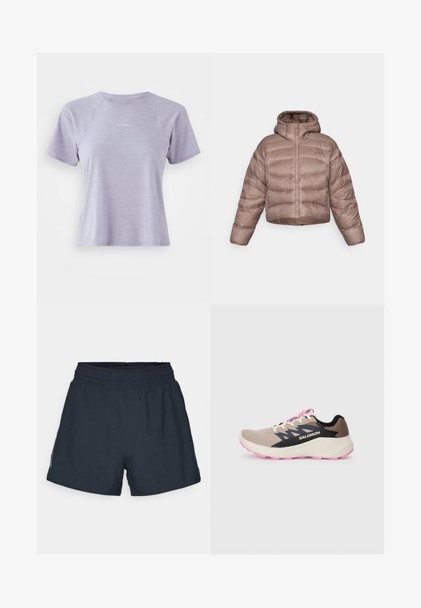 Kuttet, hettegenser pufferjakke i lys brun med quiltet design. Har glidelås foran og en glatt, blank stofftekstur.; Kortermet lavendel treningstrøye laget av lett stoff med en teksturert mønster; har raglanærmer og en liten logo foran.; Mørk marineblå treningsshorts laget av lett stoff. Elastisk midjebånd, løs passform, og ingen synlige lommer eller mønstre.; Beige og rosa Salomon løpesko med svart logo og designakenter, kremfarget mellomsåle og rosa yttersåle, sett fra siden på en ensfarget bakgrunn.