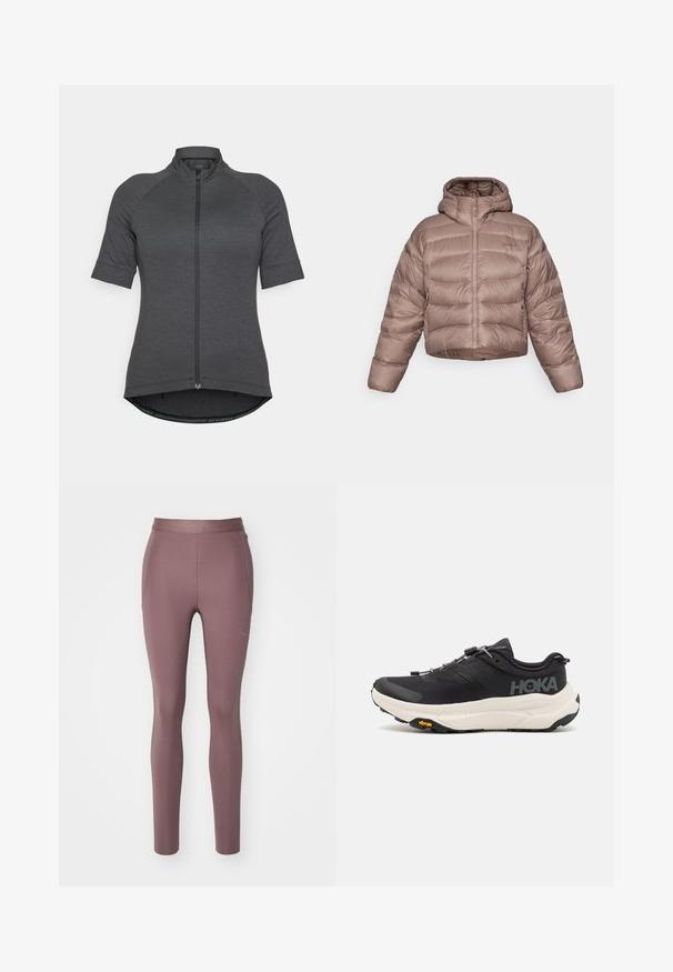 Kuttet, hettegenser pufferjakke i lys brun med quiltet design. Har glidelås foran og en glatt, blank stofftekstur.; Kortermet sykkeltopp i mørkegrå, med hel glidelås foran, raglanermer og buet nederkant med strukturert stoff.; HOKA NOVAFLY RUN - Løpetights - smokey quartz; Sorte joggesko med et pustende mesh-overdel, gummisåle, hvit dempemellomsåle og reflekterende lisser. Vibram-logo på sålen.