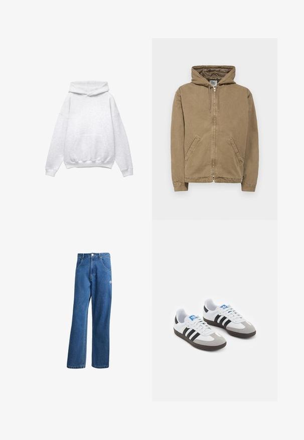 BDG Urban Outfitters REX SKATE HOODIE UNISEX - Spijkerjas - brown; Grijze kaptrui, gemaakt van een zachte katoenmix. Heeft een voorzak, ribgebreide manchetten en zoom. Ontspannen pasvorm, zonder patronen of accenten.; Blauwe hoge taille wijde spijkerbroek met voorzakken, riemlussen, knoopsluiting en klein Adidas-logo op de rechterdij.; Sportschoenen met een witte leren bovenkant, grijze suède neus en drie zwarte strepen. Bevat een blauw logo op de tong en een gestructureerde rubberen zool.