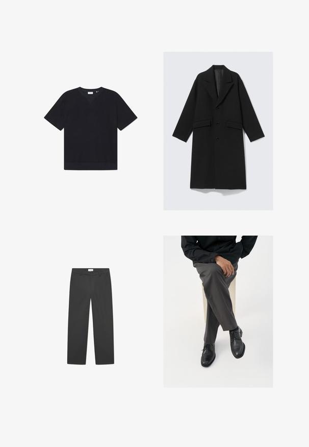 Melnā garā vilnas mēteli ar iedobtiem apmalēm, trim priekšējiem pogām, divām kabatām ar atloku un oderētu iekšpusi.; Melnā īsā piedurka T-kreklu, kas izgatavots no strukturēta materiāla, ar apaļu kakla izgriezumu un taisnu apakšmalu. Nav redzamu rakstu vai akcentu.; Pelēkas pielāgotas bikses ar taisnu kāju griezumu, ar pogu aizdari, sānu kabatām un gludu auduma tekstūru.; Melnas ādas kurpes ar saitiņiem un spīdīgu apdari, apvienotas ar pelēkiem pielāgotiem biksēm, attēlotas sēdošā pozīcijā uz balta fona.