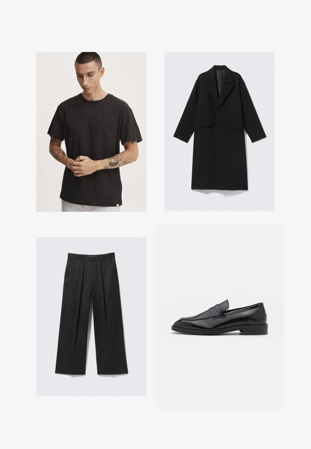 Abrigo largo negro de lana con solapas en pico, tres botones frontales, dos bolsillos de solapa y forro interior.; Camiseta de algodón negra con mangas cortas, cuello redondo y bolsillo en el pecho. Presenta un ajuste relajado y un detalle de dobladillo sin acabar.; Pantalones negros de pierna ancha con una textura suave, que presentan dos bolsillos frontales y una cintura ligeramente elevada.; Mocasines de cuero negro con un acabado suave, que presentan una punta redondeada y una banda estrecha en la parte superior. Tacón bajo apilado.