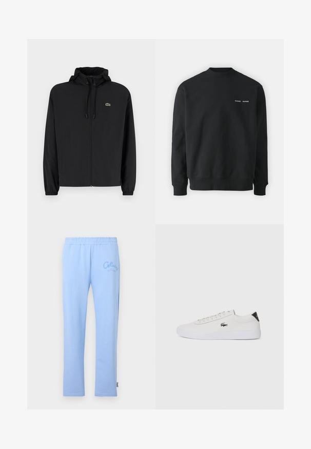 Černá zipová bunda s kapucí, vyrobená z lehkého materiálu. Má elastické manžety a malé zelené logo na levé hrudi.; Černá mikina s kulatým výstřihem, žebrovanými manžetami a spodním lemem. Na levé hrudi je malá bílá nášivka. Vyrobena z měkké látky.; Světle modré bavlněné tepláky s elastickým pasem. Mají vyšitý logo "Colucci" na levé straně a rovný střih nohavic.; Bílé kožené tenisky s kulatou špičkou, šněrováním vpředu a černým akcentem na patě. Na boku se nachází malé vyšívané logo krokodýla.