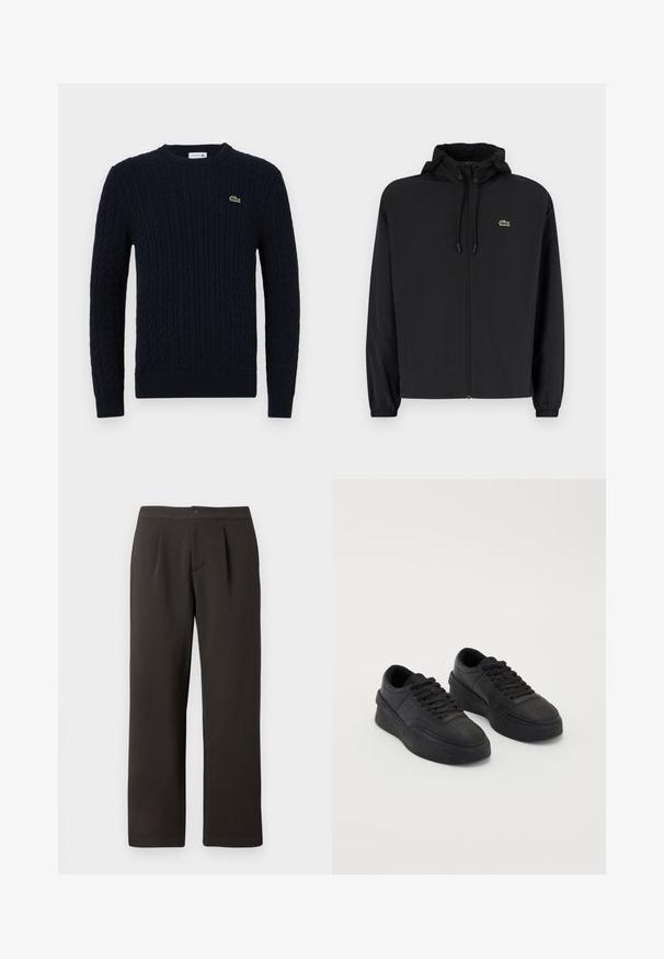 Svart zip-up jakke med hette, laget av lett materiale. Har elastiske mansjetter og en liten grønn logo på venstre bryst.; Marineblå strikkegenser med kabelmønster, rund hals, ribbestrikkede ermer og nederkant, samt en liten grønn krokodille-logo på brystet.; Mørkebrune, rette bukser med flat front, to folder og knappelukking. Laget av et glatt stoff med en lett tekstur.; Sorte sneakers laget av glatt lær med en polstret såle. Funksjoner inkluderer flate snøringer, perforeringer på tåpartiet, og en elegant silhuett.