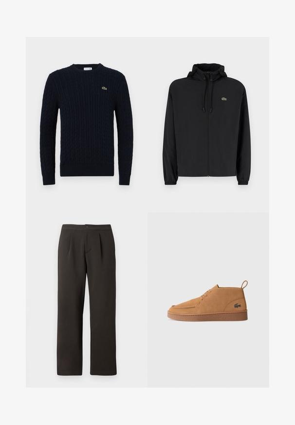 Melnas rāvējslēdzēja jakas ar kapuci, izgatavota no viegla materiāla. Ar elastīgām piedurknēm un mazu zaļu logo kreisajā krūtī.; Jūras zils adīts džemperis ar kablu rakstu, apaļu kaklu, ribotu piedurknēm un apakšmalu, kā arī mazu zaļu krokodila logotipu uz krūšu.; Tumši brūni taisna griezuma bikses ar plakanu priekšpusi, divām krokām un pogu aizdari. Izgatavotas no gludas auduma ar nelielu struktūru.; Brūnas zamšas kurpes ar saitēm līdz potītei, ar gumijas zoli un pievilkšanas cilpiņu, ar raksturīgo krokodila logotipu sānos.