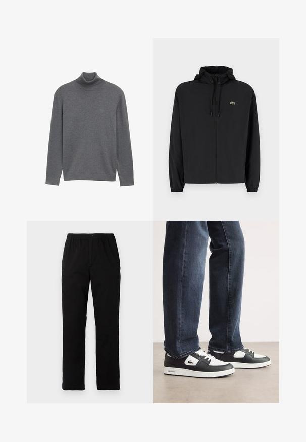 Veste noire à fermeture éclair avec capuche, fabriquée en matériau léger. Présente des poignets élastiques et un petit logo vert sur la poitrine gauche.; Pull à col roule gris en tissu tricoté doux. Il présente des manches longues et un col ajusté, avec un design minimaliste et sans logos visibles.; Pantalons noirs en tissu mélangé de coton, avec une coupe droite, une taille élastique avec bouton et sans motifs ni accents visibles.; Baskets Lacoste noir et blanc avec un dessus en cuir texturé, présentant un design à lacets et une semelle en caoutchouc blanc. Portées avec un jean noir.