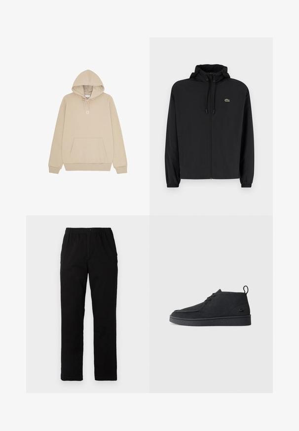 Black zip-up jacket with a hood, made of lightweight material. Features elastic cuffs and a small green logo on the left chest.; Beige hooded sweatshirt with front kangaroo pocket, drawstring hood, ribbed cuffs, and "II" printed in white on the chest.; Black pants made of cotton blend fabric, featuring a straight cut, elastic waistband with button, and no visible patterns or accents.; Black suede lace-up ankle boot with pull tab and textured sole, featuring small embossed crocodile logo on the side.