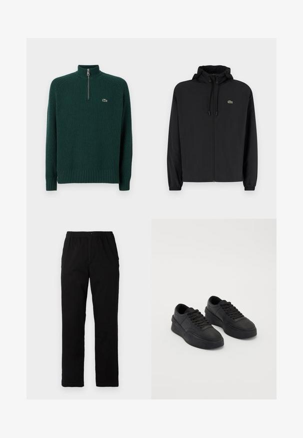 Casaco preto com fecho éclair e capuz, feito de material leve. Apresenta punhos elásticos e um pequeno logotipo verde no lado esquerdo do peito.; Pulôver de malha canelada verde-escura com gola alta e meio fecho. Possui um pequeno logotipo bordado no lado esquerdo do peito.; Calças pretas feitas de um tecido de algodão misto, com corte reto, cintura elástica com botão e sem padrões ou detalhes visíveis.; Sapatilhas pretas feitas de couro liso com sola acolchoada. As características incluem atacadores planos, perfurações na biqueira e um silhueta elegante.