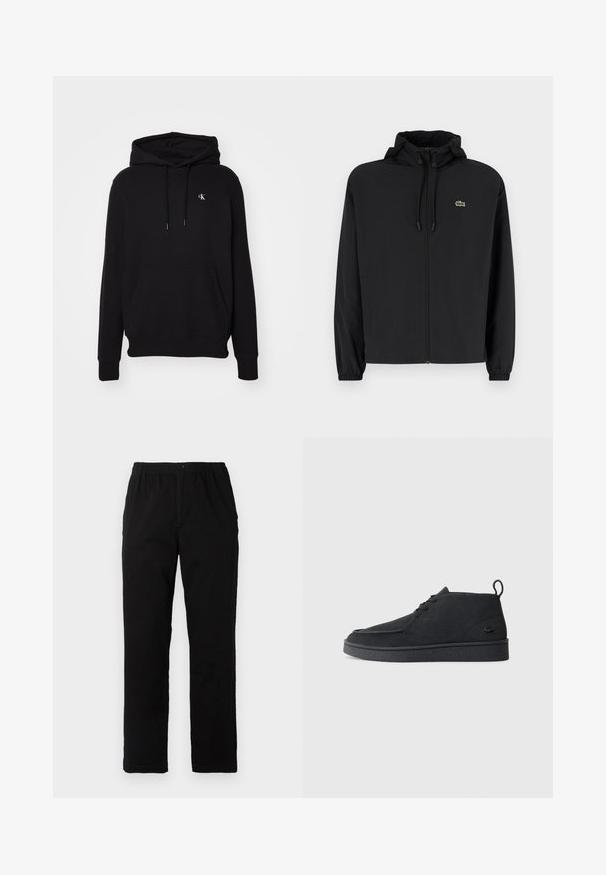 Jachetă neagră cu fermoar și glugă, fabricată din material ușor. Are manșete elastice și un mic logo verde pe pieptul stâng.; Sweatshirt negru cu glugă, realizat dintr-un amestec de bumbac, cu un buzunar tip cangur în față, șnururi și un mic logo brodat în colțul din stânga sus.; Pantaloni negri dintr-un material textil amestecat de bumbac, cu croială dreaptă, talie elastică cu nasture și fără modele sau accente vizibile.; Cizme de gleznă din suede negru, cu șireturi, având un tab de prindere și o talpă texturată, prezentând un mic logo de crocodil embossat pe lateral.