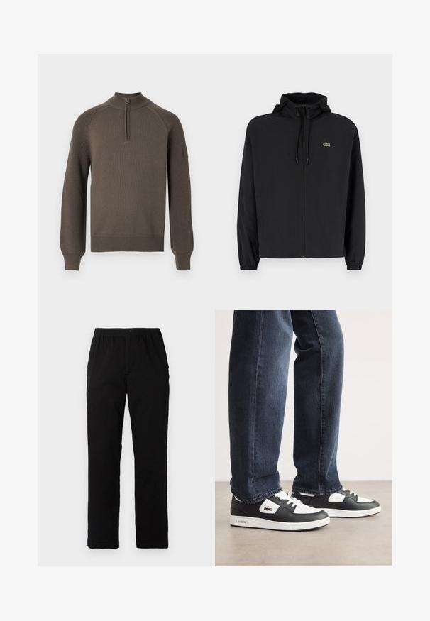 Black zip-up jacket with a hood, made of lightweight material. Features elastic cuffs and a small green logo on the left chest.; Brown knit sweater with long sleeves, a quarter-zip collar, ribbed cuffs and hem, and a small patch on the left sleeve.; Black pants made of cotton blend fabric, featuring a straight cut, elastic waistband with button, and no visible patterns or accents.; Black and white Lacoste sneakers with a textured leather upper, featuring a lace-up design and a white rubber outsole. Worn with dark jeans.