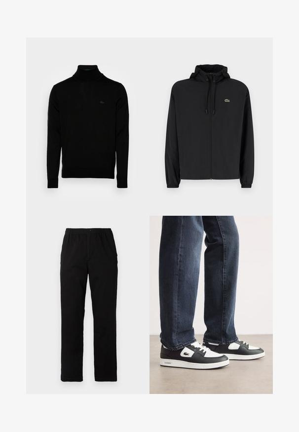 Svart zip-jacka med huva, tillverkad av lätt material. Har elastiska muddar och en liten grön logotyp på vänster bröst.; Svart polotröja med ribbad textur, långa ärmar, figursydd design, diskret Lacoste-logotyp på bröstet, medelviktsstickad material.; Svarta byxor i en blandning av bomull, med rak passform, elastisk midja med knapp och utan synliga mönster eller accenter.; Svarta och vita Lacoste-sneakers med en texturerad läderövre, med snörningsdesign och en vit gummisula. Bärs med mörka jeans.