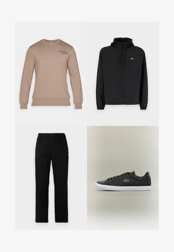 Chaqueta negra con cremallera y capucha, hecha de material ligero. Cuenta con puños elásticos y un pequeño logo verde en el lado izquierdo del pecho.; Sudadera marrón de material suave, con cuello redondo, mangas largas y un logo en texto negro en la parte superior izquierda.; Pantalones negros de tejido de mezcla de algodón, con corte recto, cintura elástica con botón y sin patrones o acentos visibles.; Zapatillas de cuero negro con suela de goma blanca, con un logo de cocodrilo verde y cordones redondos, diseño elegante con textura suave.