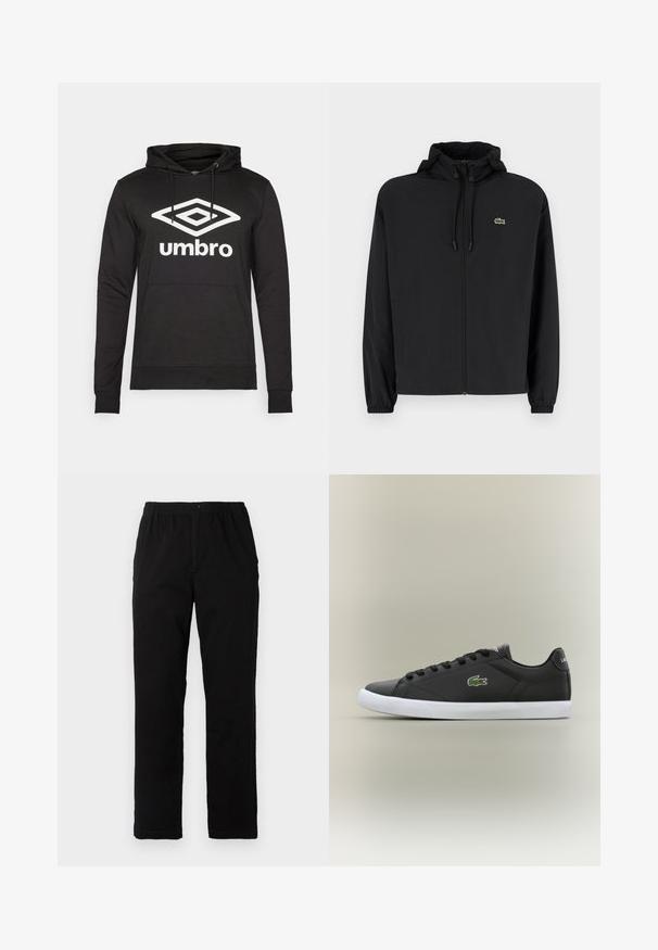 Giacca nera con zip e cappuccio, realizzata in materiale leggero. Caratterizzata da polsini elasticizzati e un piccolo logo verde sul petto sinistro.; Felpa nera con tasca frontale e cordini, caratterizzata da un grande logo a diamante bianco e dal testo "umbro" sul petto. Tessuto morbido.; Pantaloni neri realizzati in un tessuto misto cotone, caratterizzati da un taglio dritto, vita elastica con bottone e senza motivi o dettagli visibili.; Sneaker nere in pelle con suola in gomma bianca, dotate di logo verde a forma di coccodrillo e lacci rotondi, design elegante con texture liscia.