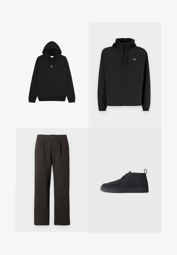 Sort zip-jakke med hætte, lavet af letvægtsmateriale. Har elastiske manchetter og et lille grønt logo på venstre bryst.; Sort hættetrøje lavet af blødt stof, med snor i hætten, forreste kengurulomme og et lille "II" grafik på brystet.; Mørkebrune, lige bukser med flad front, to folder og en knaplukning. Lavet af glat stof med let tekstur.; Sort ruskind snørebånds ankelstøvle med grebsløjfe og struktureret sål, der har et lille præget krokodillelogo på siden.