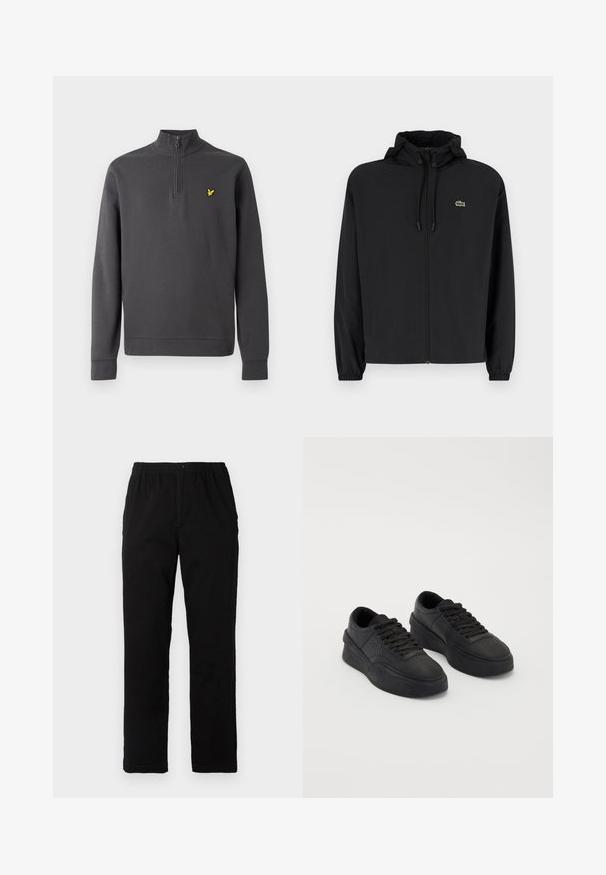 Black zip-up jacket with a hood, made of lightweight material. Features elastic cuffs and a small green logo on the left chest.; Dark gray long-sleeve pullover with quarter zipper and small yellow bird logo embroidered on the left chest.; Black pants made of cotton blend fabric, featuring a straight cut, elastic waistband with button, and no visible patterns or accents.; Black sneakers made of smooth leather with a cushioned sole. Features include flat laces, perforations on the toe, and a sleek silhouette.