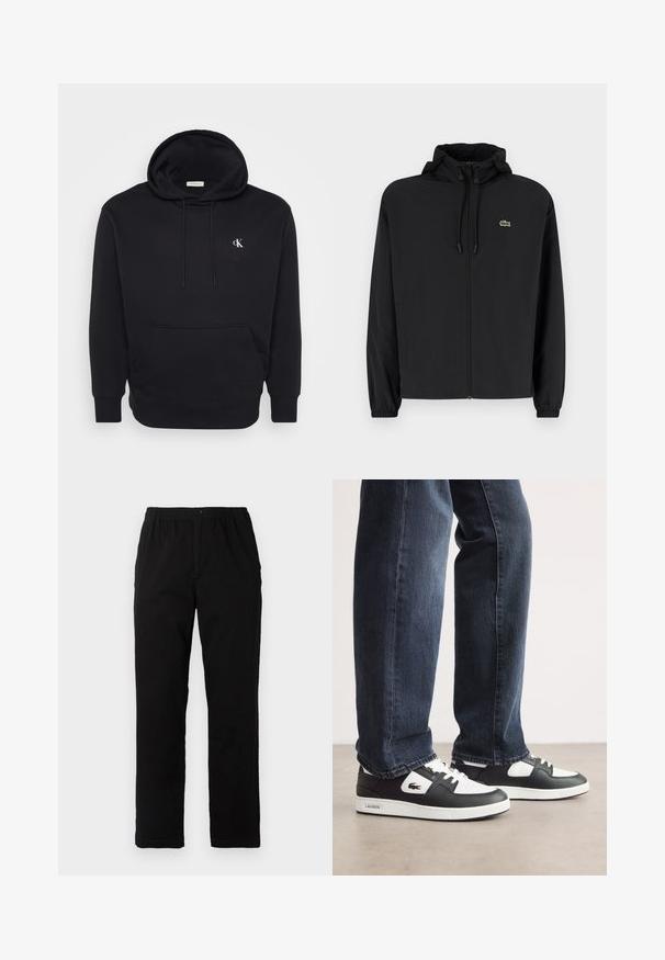 Jachetă neagră cu fermoar și glugă, fabricată din material ușor. Are manșete elastice și un mic logo verde pe pieptul stâng.; Hanorac negru dintr-un material moale, cu un buzunar frontal, glugă cu șnur și un logo mic alb pe piept.; Pantaloni negri dintr-un material textil amestecat de bumbac, cu croială dreaptă, talie elastică cu nasture și fără modele sau accente vizibile.; Adidași Lacoste negri și albi cu un superior din piele texturată, având un design cu șireturi și o talpă din cauciuc alb. Purtați cu blugi închiși la culoare.