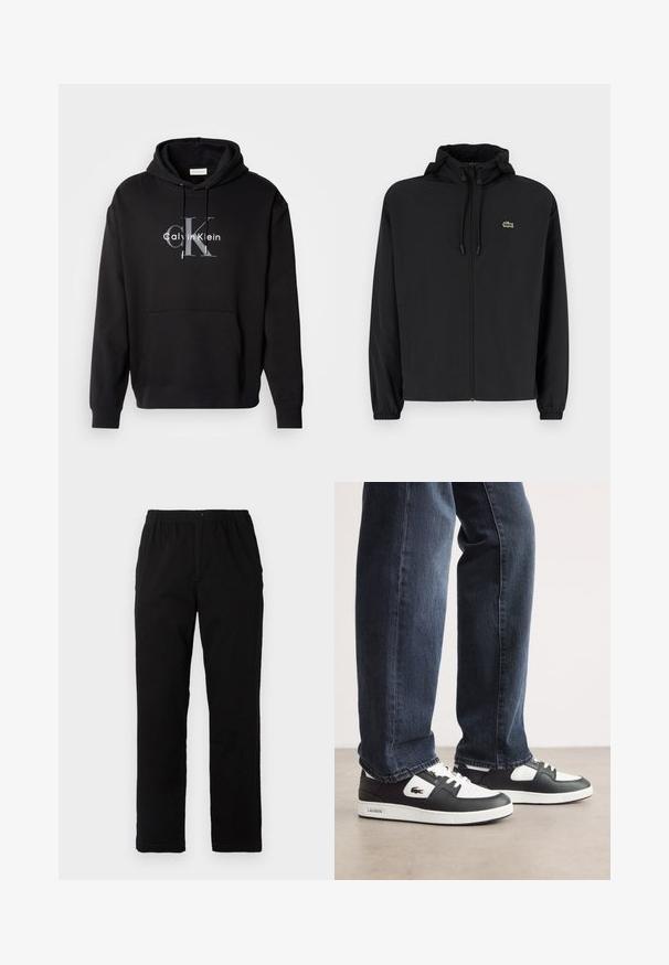 Black zip-up jacket with a hood, made of lightweight material. Features elastic cuffs and a small green logo on the left chest.; Black hooded sweatshirt made of cotton blend, featuring a front pocket and a printed Calvin Klein logo in gray and white on the chest.; Black pants made of cotton blend fabric, featuring a straight cut, elastic waistband with button, and no visible patterns or accents.; Black and white Lacoste sneakers with a textured leather upper, featuring a lace-up design and a white rubber outsole. Worn with dark jeans.