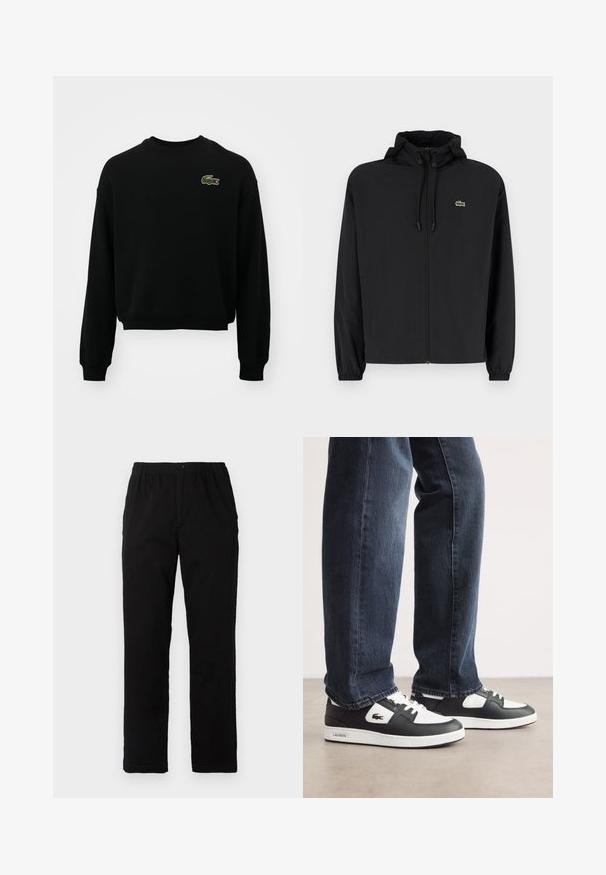 Sort zip-jakke med hætte, lavet af letvægtsmateriale. Har elastiske manchetter og et lille grønt logo på venstre bryst.; Sort cropped sweatshirt lavet af bomuldsblanding, med lange ærmer og et broderet grønt krokodillelogo på brystet.; Sorte bukser lavet af en bomuldsblandingsstof, med lige snit, elastisk talje med knap, og uden synlige mønstre eller detaljer.; Sorte og hvide Lacoste sneakers med en struktureret læderoverdel, der har snørebåndsdesign og en hvid gummisål. Båret med mørke jeans.
