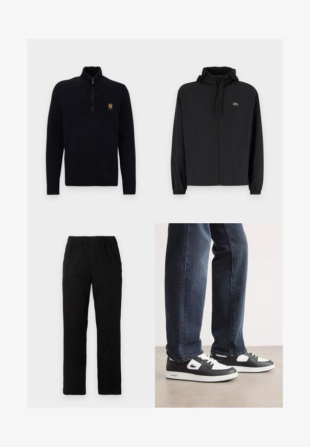 Fekete, kapucnis, cipzáras dzseki, könnyű anyagból készült. Rugalmas mandzsettákkal és egy kis zöld logóval rendelkezik a bal mellrészen.; Fekete bordázott kötött pulóver negyed cipzárral ellátott magas gallérral és kis barna logóval a bal mellrészen.; Fekete pamut keverék anyagú nadrág, egyenes szabású, rugalmas derékrésszel és gombbal, látható minták vagy díszítések nélkül.; Fekete-fehér Lacoste sportcipők, texturált bőrből készült felső résszel, fűzős kivitelben és fehér gumitalppal. Sötét farmernadrággal viselve.