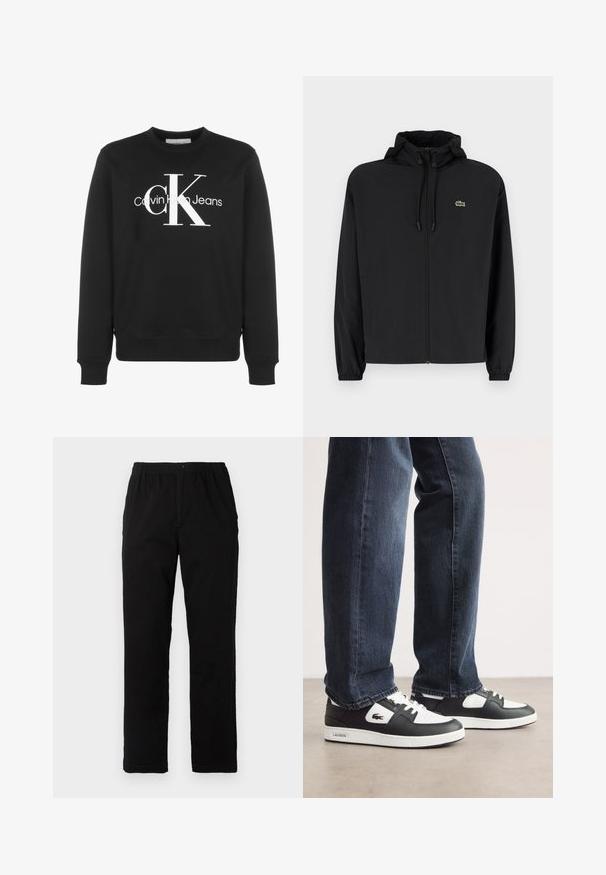 Črna jakna na zadrgo s kapuco, izdelana iz lahkega materiala. Ima elastične manšete in majhen zeleni logotip na levem prsnem delu.; Črna majica s kapuco iz mešanice bombaža, z okroglo ovratnikom, rebrastimi manšetami in velikim belim logotipom Calvin Klein na sprednji strani.; Črne hlače iz mešanice bombaža, s ravnim krojem, elastičnim pasom z gumbom in brez vidnih vzorcev ali akcentov.; Črno-bele Lacoste superge z zgornjim delom iz teksturirane usnje, s čipkastim zapiranjem in belim gumijastim podplatom. Oblečene z temnimi kavbojkami.