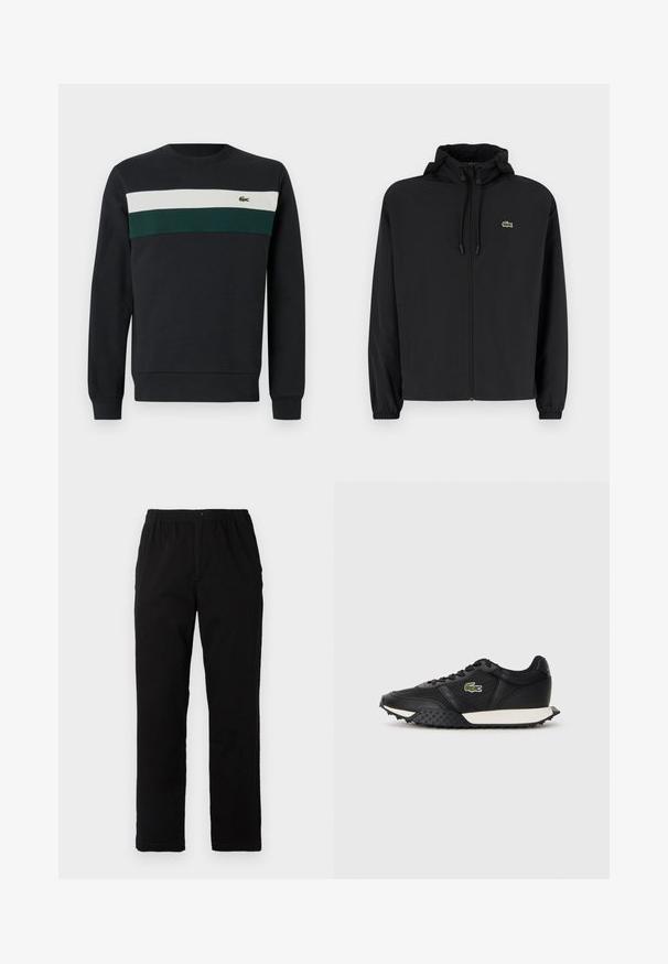 Czarna kurtka zapinana na zamek z kapturem, wykonana z lekkiego materiału. Posiada elastyczne mankiety oraz małe zielone logo na lewej piersi.; Ciemna bluza z kapturem z czarną bazą, z zielonymi i białymi poziomymi paskami na klatce piersiowej oraz małym haftowanym logo po lewej stronie.; Czarne spodnie wykonane z mieszanki bawełny, z prostym krojem, elastycznym paskiem w talii z guzikiem oraz bez widocznych wzorów czy akcentów.; Czarne sneakersy o gładkim skórzanym wykończeniu, z teksturowaną gumową podeszwą, białą podeszwą środkową oraz zielonym haftowanym logo na boku.