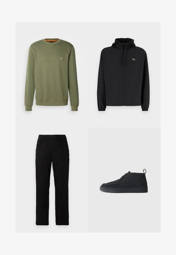 Svart zip-up jakke med hette, laget av lett materiale. Har elastiske mansjetter og en liten grønn logo på venstre bryst.; BOSS WESTART - Sweatshirt - open green; Sorte bukser laget av bomullsblandet stoff, med rett snitt, elastisk midjebånd med knapp, og uten synlige mønstre eller detaljer.; Svart semsket snøring ankelstøvel med drageløkke og teksturert såle, med en liten preget krokodillelogo på siden.