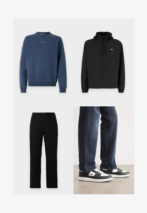 Veste noire à fermeture éclair avec capuche, fabriquée en matériau léger. Présente des poignets élastiques et un petit logo vert sur la poitrine gauche.; Sweatshirt bleu marine en coton texturé. Doté d'un col rond, de manches longues et de bords côtelés. Marquage visible sur la poitrine.; Pantalons noirs en tissu mélangé de coton, avec une coupe droite, une taille élastique avec bouton et sans motifs ni accents visibles.; Baskets Lacoste noir et blanc avec un dessus en cuir texturé, présentant un design à lacets et une semelle en caoutchouc blanc. Portées avec un jean noir.