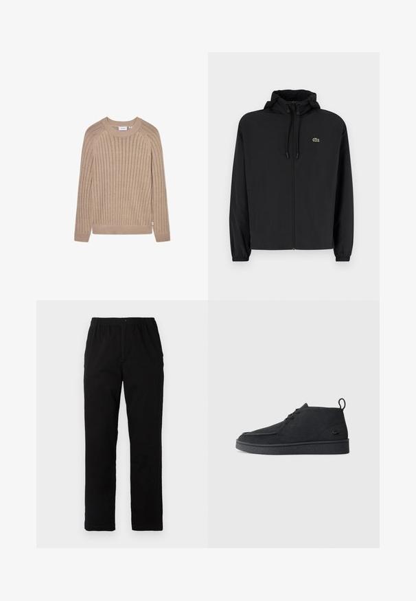 Schwarze Zip-Jacke mit Kapuze, aus leichtem Material hergestellt. Verfügt über elastische Bündchen und ein kleines grünes Logo auf der linken Brust.; Beige gerippter Strickpullover mit langen Ärmeln, rundem Hals und dezentem seitlichem Logoschild. Verfügt über ein strukturiertes Muster und enganliegende Bündchen.; Schwarze Hosen aus einem Baumwollmischgewebe, mit geradem Schnitt, elastischem Bund mit Knopf und ohne sichtbare Muster oder Akzente.; Schwarze Wildleder Schnürstiefelette mit Zuglasche und strukturiertem Boden, ausgestattet mit kleinem eingeprägtem Krokodil-Logo an der Seite.