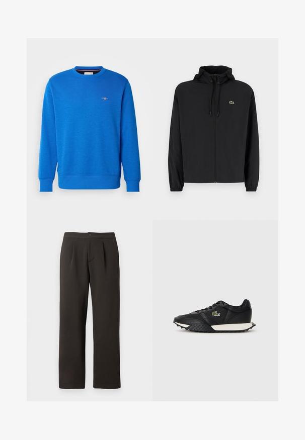 Casaco preto com fecho éclair e capuz, feito de material leve. Apresenta punhos elásticos e um pequeno logotipo verde no lado esquerdo do peito.; Sweatshirt azul de gola redonda feito de tecido macio, com punhos e barra canelados, apresentando um pequeno logo bordado na parte superior do peito.; Calças castanhas escuras, de perna reta, com frente plana, duas pregas e fecho de botão. Feitas de um tecido suave com uma ligeira textura.; Ténis pretos com acabamento em pele lisa, apresentando uma sola de borracha texturizada, entressola branca e um logótipo bordado verde de um lado.