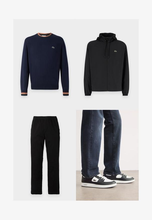 Musta vetoketjullinen takki, jossa on huppu, valmistettu kevyestä materiaalista. Ominaisuuksiin kuuluu joustavat hihansuut ja pieni vihreä logo vasemmassa rinnassa.; Sinih t-särk ümmarguse kaelusega, ribakäistega, millel on rohelised, oranžid ja valged triibud, ning väikese tikandiga logo rinnal.; Mustat housut, jotka on valmistettu puuvilla-sekoitekankaasta, suoran mallin, joustavan vyötärönauhan ja napin kanssa, ilman näkyviä kuvioita tai yksityiskohtia.; Mustat ja valkoiset Lacoste-tennarit, joissa on teksturoitu nahkapinta, nauhakiinnitys ja valkoinen kumipohja. Yhdistetty tummiin farkkuihin.