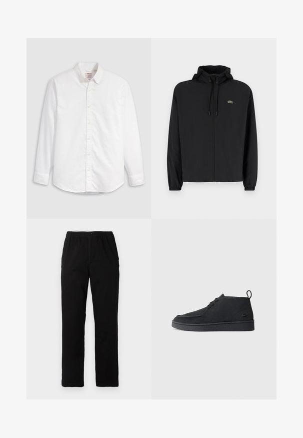 Jachetă neagră cu fermoar și glugă, fabricată din material ușor. Are manșete elastice și un mic logo verde pe pieptul stâng.; Cămașă albă cu nasturi, din bumbac, cu mâneci lungi, guler și tiv curbat. Prezintă nasturi galbeni și un branding subtil.; Pantaloni negri dintr-un material textil amestecat de bumbac, cu croială dreaptă, talie elastică cu nasture și fără modele sau accente vizibile.; Cizme de gleznă din suede negru, cu șireturi, având un tab de prindere și o talpă texturată, prezentând un mic logo de crocodil embossat pe lateral.