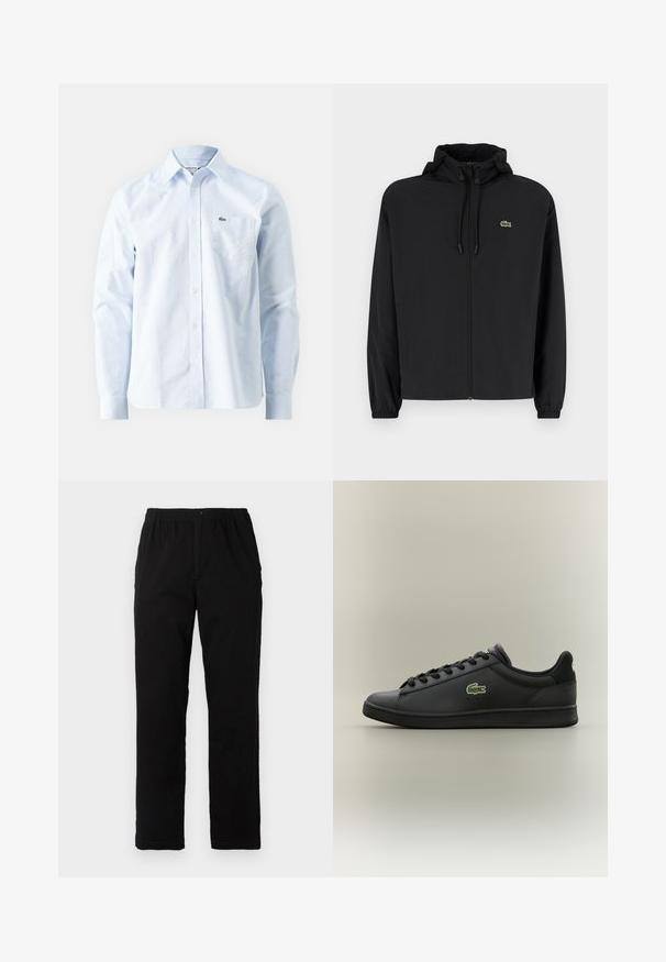 Mustmust jacket, millel näpsuga, kergest materjalist. Omab elastseid mansette ja väikest rohelist logo vasakul rinnal.; Heledad sinine triibuline puuvillane särk, millel on nööpidega krae, pikad varrukad ja rinnataskul väike tikandiga logo.; Mustad mustreid, puuvillast segakanga valmistatud mustad püksid, mis on sirge lõikega, elastse vöökoht ja nööp, ilma nähtavate mustrite või aktsentideta.; Mustad musta nahast madala profiiliga toss, millel on mustad paelad ja rohelise krokodilli logo küljel, seistas lihtsal neutraalsel taustal.