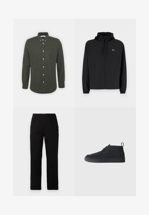 Giacca nera con zip e cappuccio, realizzata in materiale leggero. Caratterizzata da polsini elasticizzati e un piccolo logo verde sul petto sinistro.; Camicia button-up verde scuro con colletto, maniche lunghe e bottoni bianchi. Tessuto morbido e testurizzato con un orlo leggermente curvo.; Pantaloni neri realizzati in un tessuto misto cotone, caratterizzati da un taglio dritto, vita elastica con bottone e senza motivi o dettagli visibili.; Stivale alla caviglia in suede nero con lacci, dotato di una linguetta per il tiraggio e suola testurizzata, caratterizzato da un piccolo logo a forma di coccodrillo embossato sul lato.