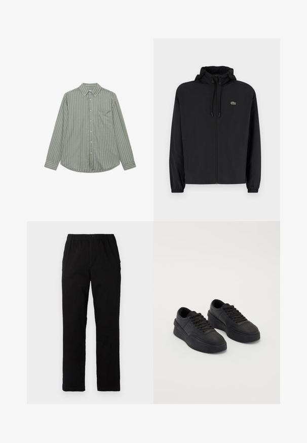 Juodas užtrauktukas striukė su gaubtu, pagaminta iš lengvos medžiagos. Savybės: elastiniai apykaklės ir mažas žalias logotipas kairėje krūtinės pusėje.; Žalias ilgomis rankovėmis mygtukinis marškiniai su vertikaliomis baltomis juostelėmis, standartiniu apykakle ir krūtine kairėje pusėje.; Juodi kelnės, pagamintos iš medvilnės mišinio, su tiesiomis kirpimo linijomis, elastingu liemeniu su mygtuku ir be aiškių raštų ar akcentų.; Juodi sportbačiai, pagaminti iš lygaus odos, su paminkštintu padu. Ypatybės: plokščios raišteliai, perforacijos ant pirštų srities ir elegantiška siluetas.